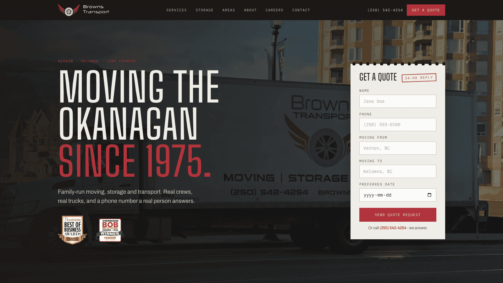 Browns Transport - moving the Okanagan since 1975. Homepage with quote request form.