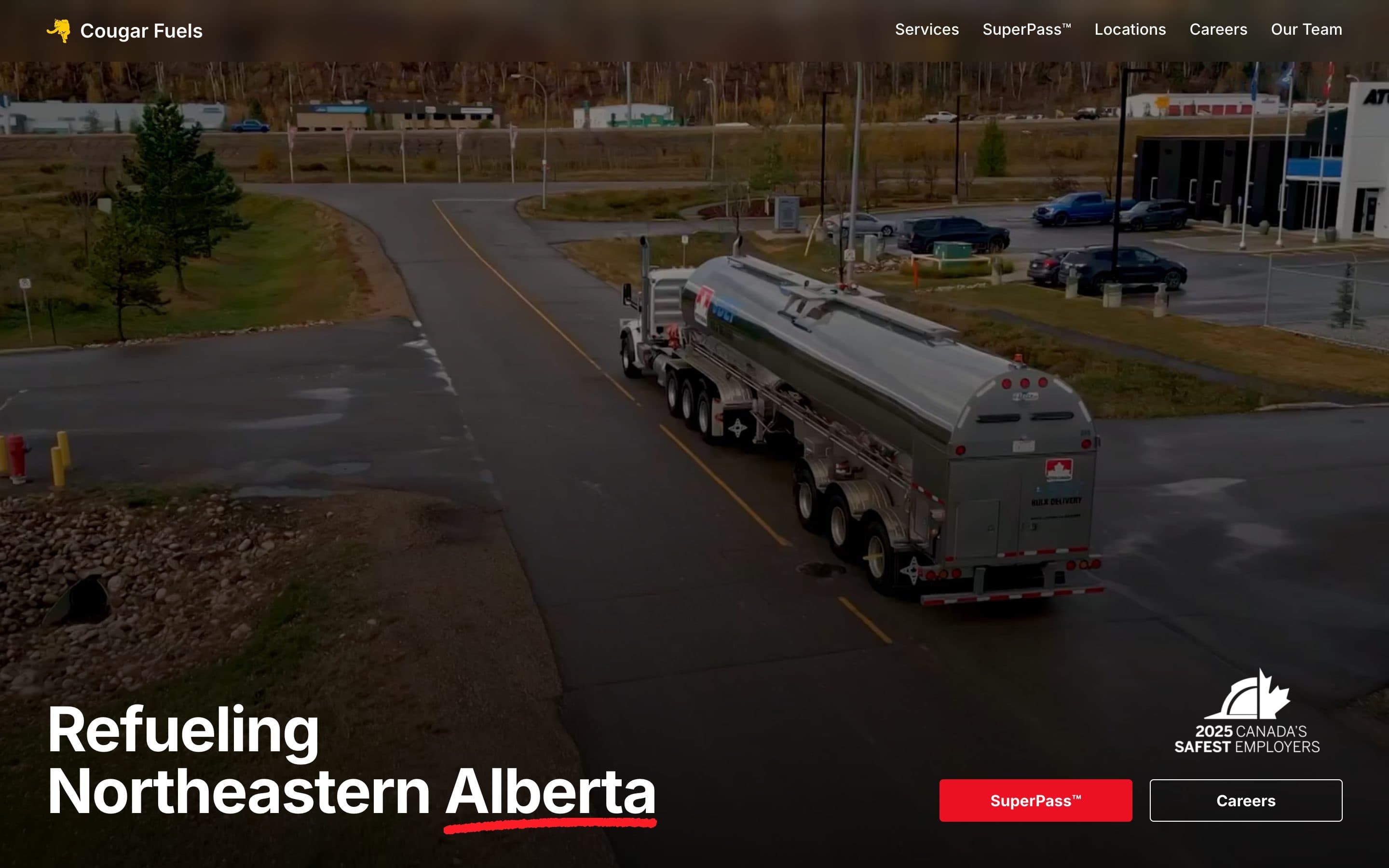 Cougar Fuels — Refueling Northeastern Alberta. Aerial photo of a fuel tanker truck.