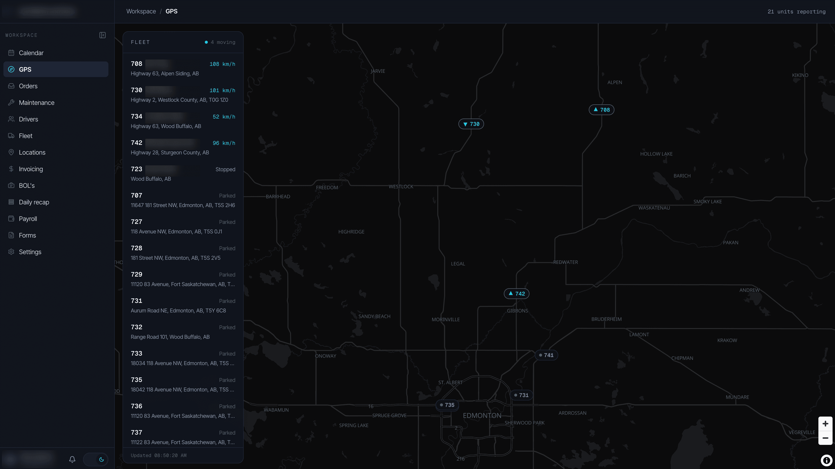 Haulpoint live GPS board - fleet list with unit speeds and locations, and truck positions on a map around Edmonton, Alberta.