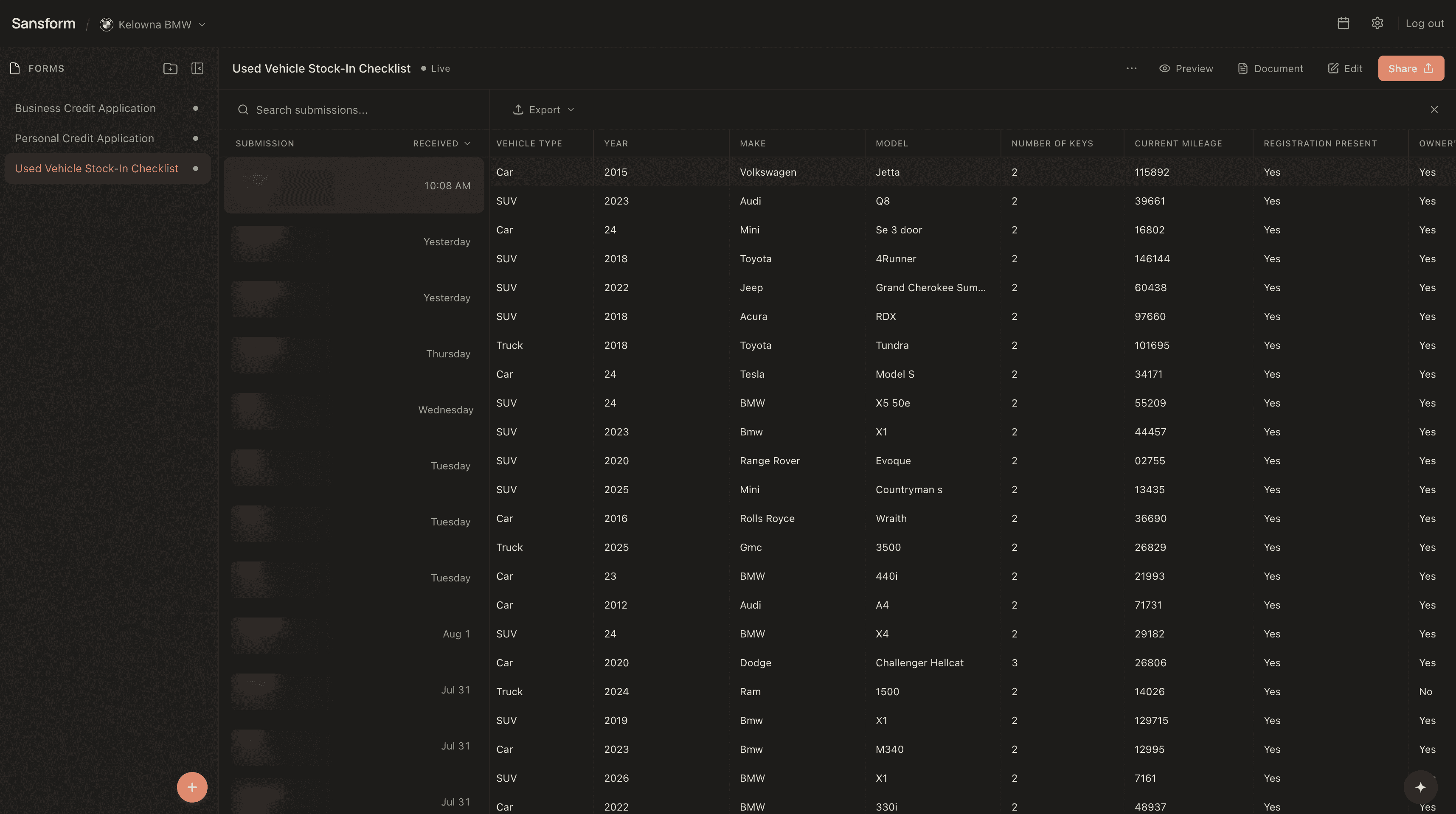 Kelowna BMW’s forms workspace on Sansform - used-vehicle stock-in checklist with live submissions: year, make, model, and mileage per vehicle.
