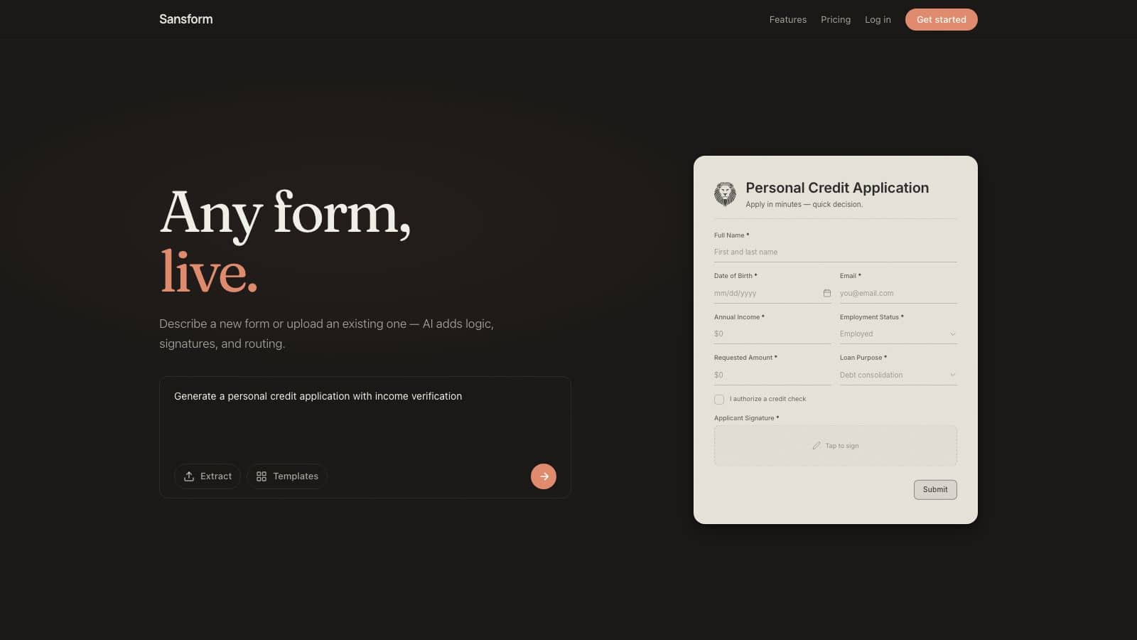 Sansform - any form, live. AI form builder with a credit application preview.